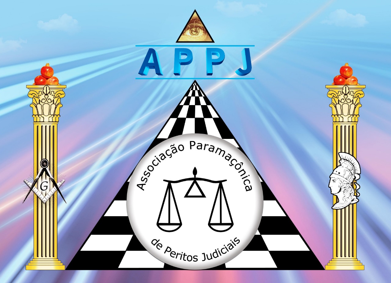 Emblema da APPJ: triângulo em mosaico entre duas colunas, com a balança da justiça ao centro